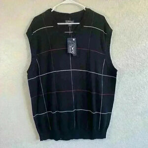 PGA Tour Caviar Windsor Wine black stripped golf vest 100% Cotton Mens size XL
